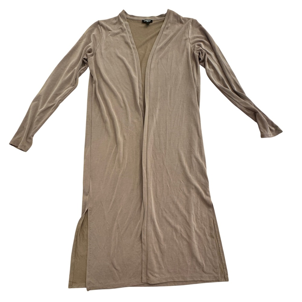 Express Duster Cardigan Womens XS Light Brown Stretch Long Line Slit Minimalist